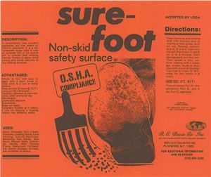 Orange vintage ad for Sure-Foot non-skid safety surface, showing a shoe and rake with U.S.A. compliance label