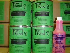 Green True-Bond adhesive containers stacked beside a pink bottle on a shelf.