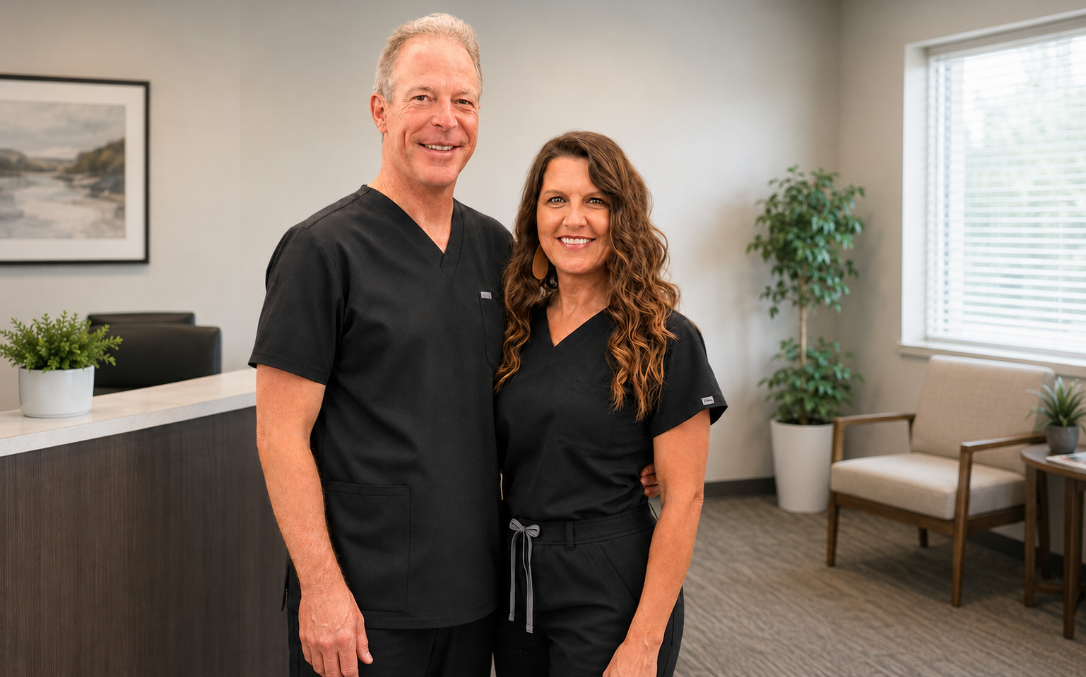 Two people in black scrubs standing together in a bright office lobby, smiling at the camera.