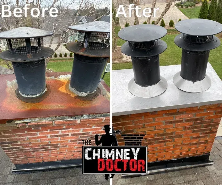 Chimney repair before and after. Rusted chimneys replaced with new, shiny ones atop a brick structure.