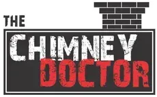 Logo for "The Chimney Doctor" with chimney illustration. White text on a black rectangle, red "DOCTOR."
