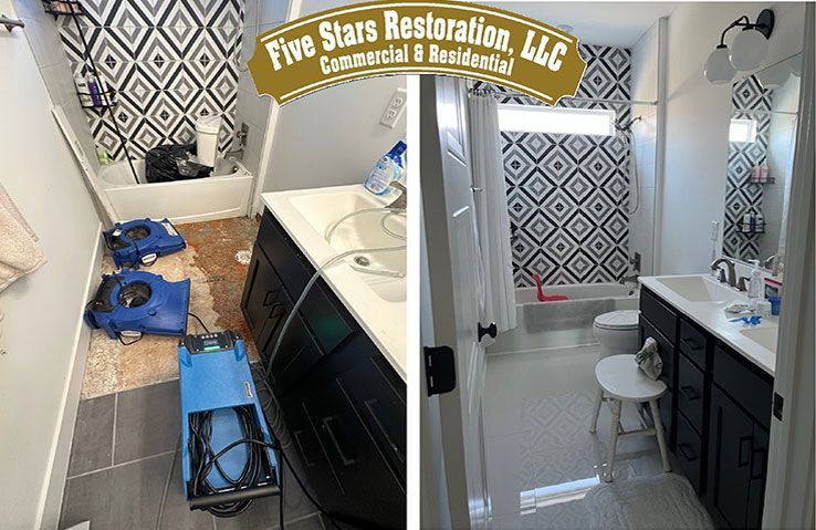 Before-and-after of a bathroom restoration. Left: water damage. Right: fully renovated with new tile and fixtures.