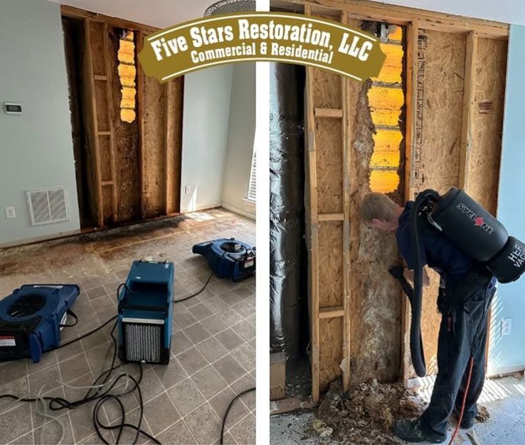 Two photos: water damage restoration.  One shows equipment in a room with exposed wall. The other shows a worker vacuuming debris.