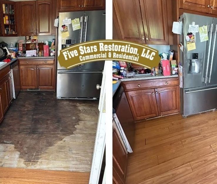 Before and after kitchen floor renovation. Damaged floor on the left, new wood floor on the right. Stainless steel appliances.