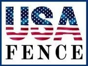 USA FENCE logo with American flag design in the letters, and black text "FENCE" underneath in a blue frame.