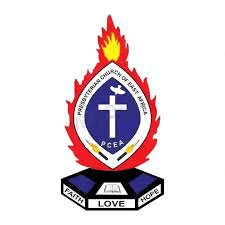 PCEA logo: Cross inside a blue circle, dove, and flame with text 