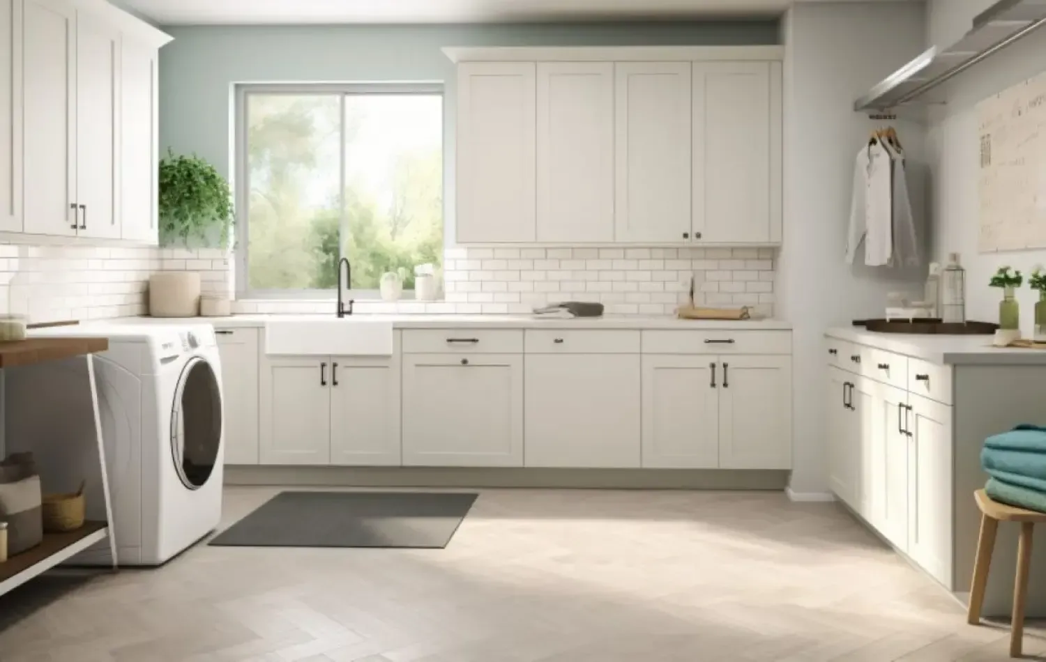 Laundry room with white cabinets, washing machine, and a window.