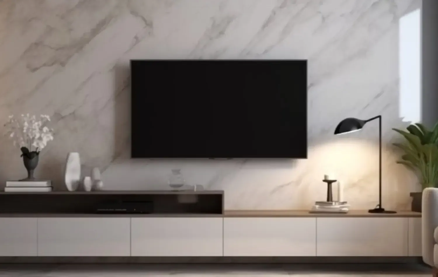 TV mounted on a marble wall above a modern, low console with decor. A floor lamp and plant are to the right.