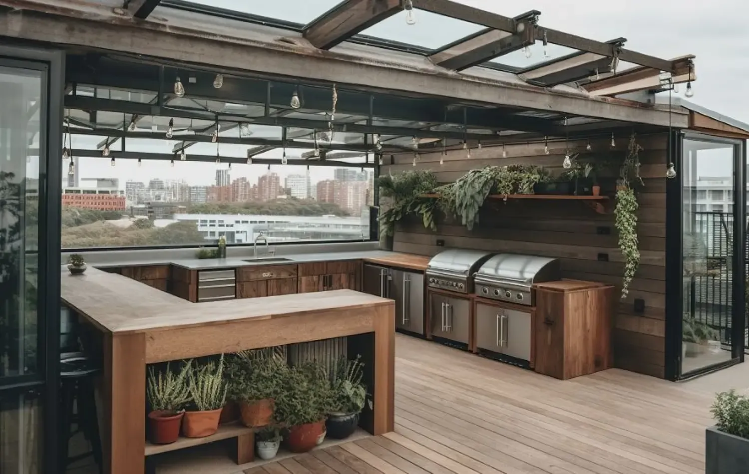 Outdoor kitchen with grill, wood counter, plants, and city view.