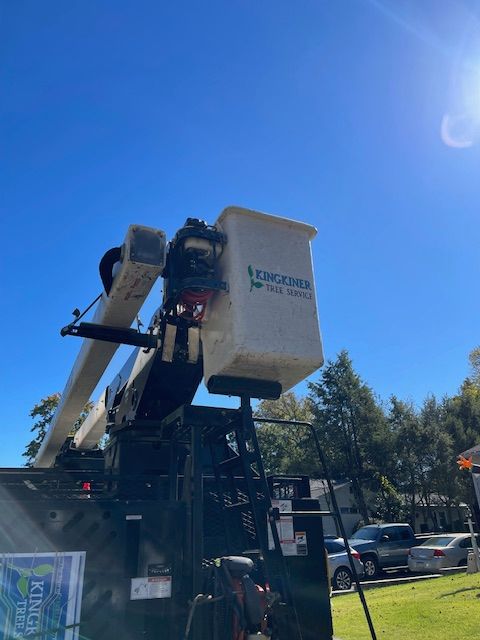 A white bucket truck with the Kingfisher Tree Service logo, working against a blue sky.