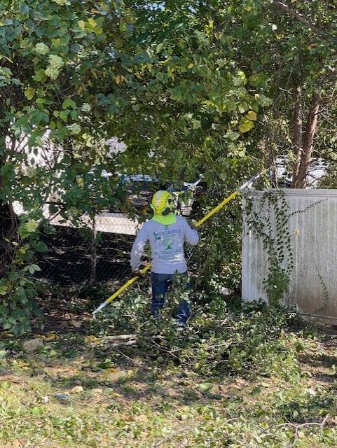 Person trimming a bush with a pole saw, wearing safety gear, outdoors.