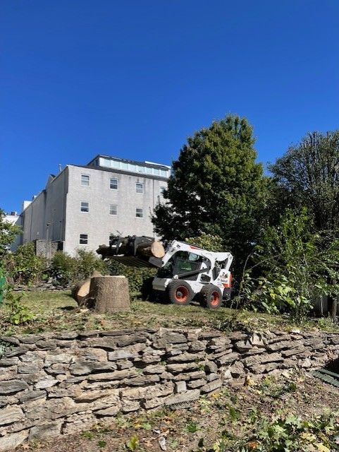 Bobcat removing tree stump on a grassy hillside next to a stone wall and building on a sunny day.