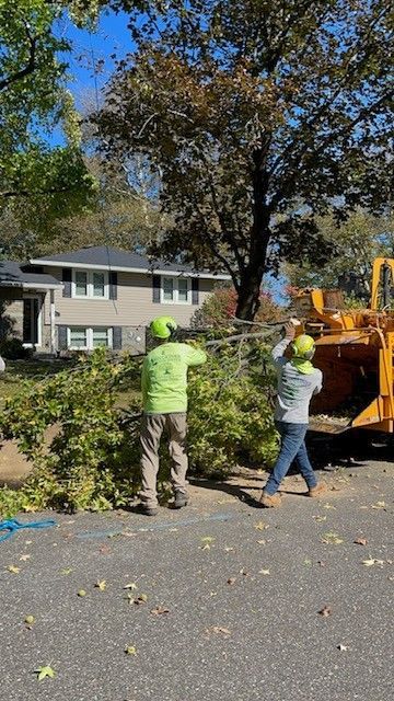 Two people feeding tree branches into a wood chipper on a driveway; house in background.