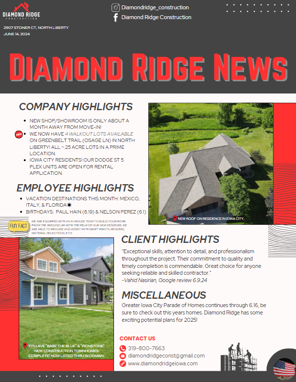 Diamond Ridge Construction newsletter featuring project highlights, property photos, and company contact information.