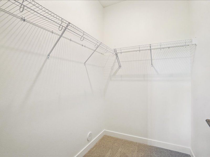 Empty white closet with wire shelving along two walls and a carpeted floor