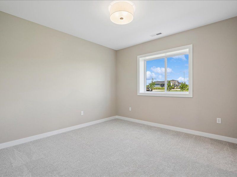 Empty light gray bedroom with a window and carpeted floor