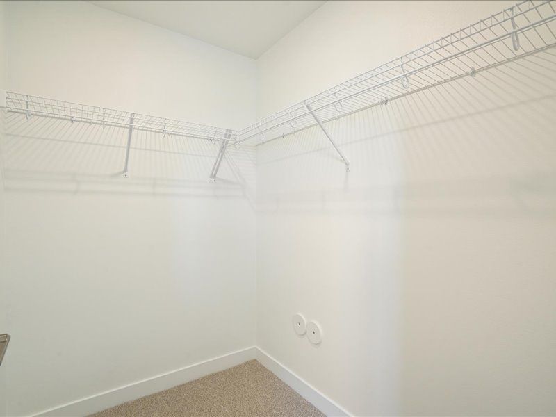 Empty walk-in closet with white walls, wire shelving, and beige carpet.