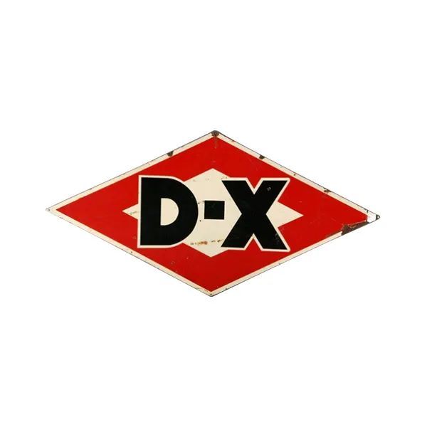 Red diamond D-X logo sign with black letters on white background