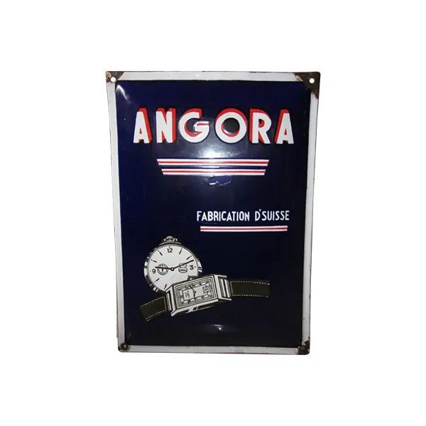 ANGORA vintage poster with dark blue background, red-and-white lettering, and a wristwatch illustration