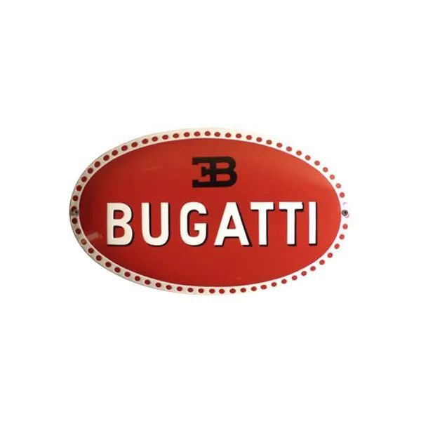 Bugatti logo in white text on a red oval with a dotted border