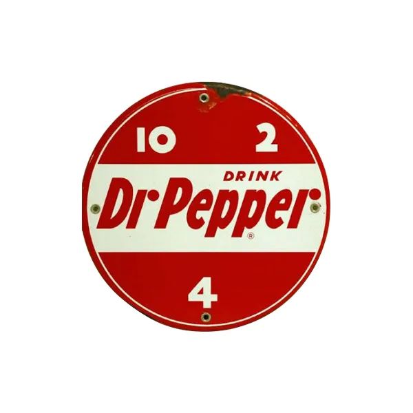 Red Dr Pepper clock face with white numerals and logo on a round sign