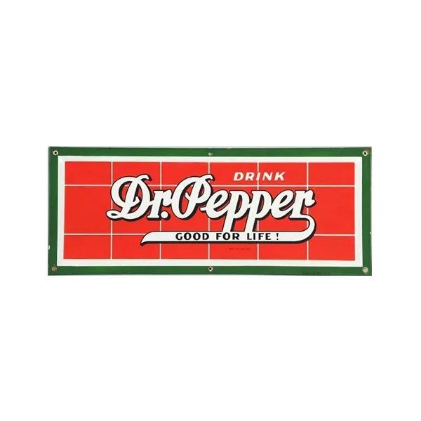 Vintage red Dr Pepper sign with green border and white script logo