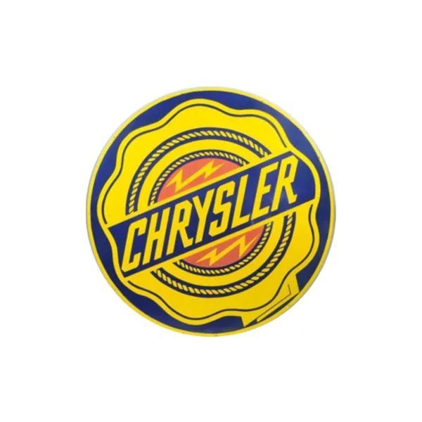 Chrysler logo in yellow, blue, and orange, with bold diagonal lettering