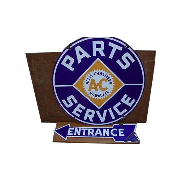 Vintage parts service sign with blue circular logo and “ENTRANCE” arrow on brown background