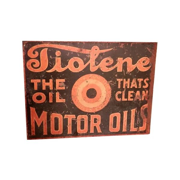 Vintage red and black Tiolene motor oil sign with bold text and a circular target graphic