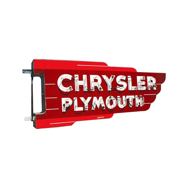 Red Chrysler Plymouth sign with white lettering and winged side on a plain background