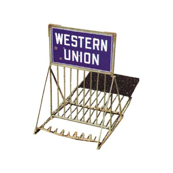 Western Union metal wire rack display sign with purple and white logo
