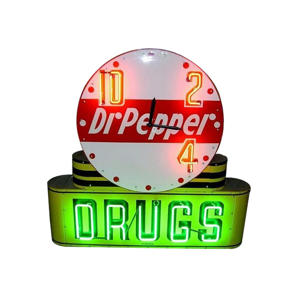 Dr Pepper neon sign with green “DRUGS” base and clock-style face