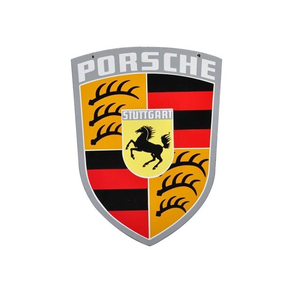 Porsche crest logo with red, black, yellow, and silver shield and prancing horse