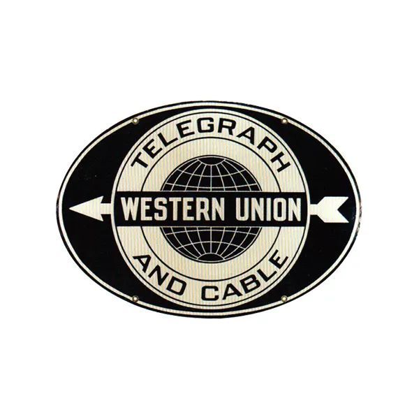 Western Union Telegraph and Cable oval logo in black, white, and gold with globe and arrows