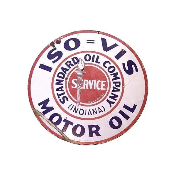 Round vintage Iso-Vis Motor Oil sign with red, white, and blue lettering