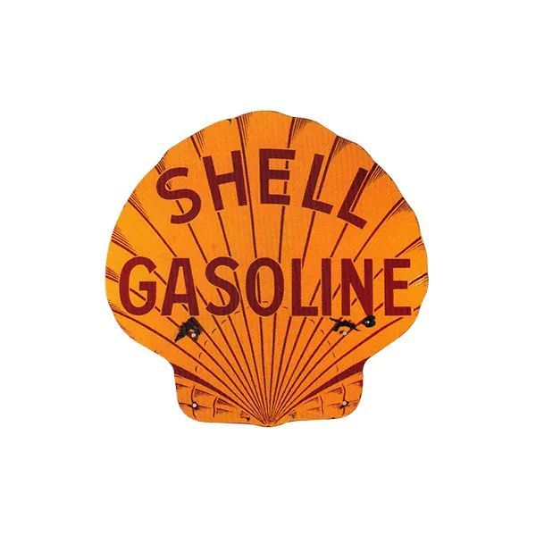 Orange Shell Gasoline fan-shaped sign with red lettering and shell logo.