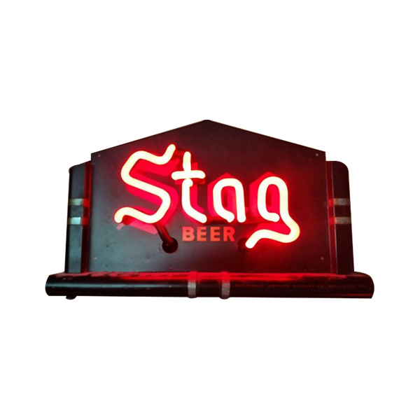 Red neon sign reading “Stag Beer” on a dark maroon background