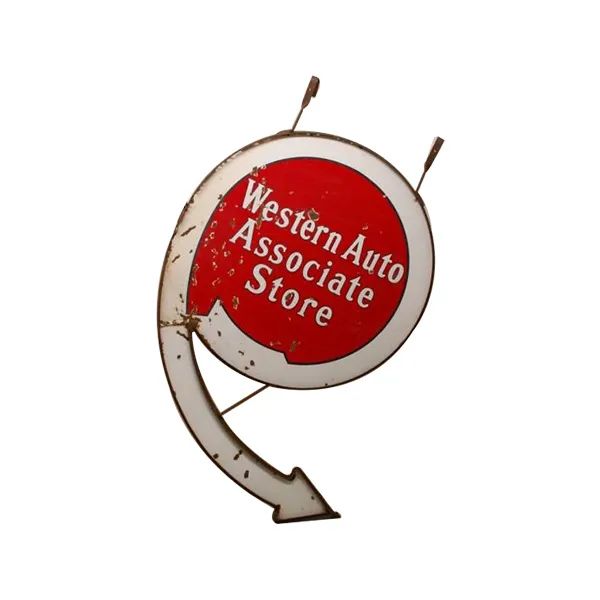 Vintage hanging sign reading “Western Auto Associate Store” in red and white, with a curved arrow design