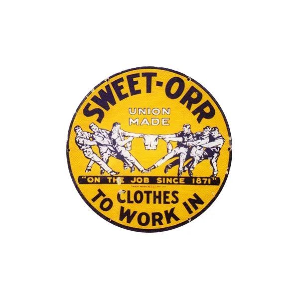 Yellow Sweet-Orr work clothes label with workers and text “Union Made” and “On the Job Since 1871”