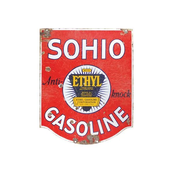 Vintage red SOHIO gasoline sign with white lettering and yellow Ethyl emblem