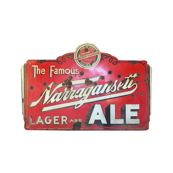 Red vintage Narragansett Lager and Ale sign with white lettering on a weathered red background