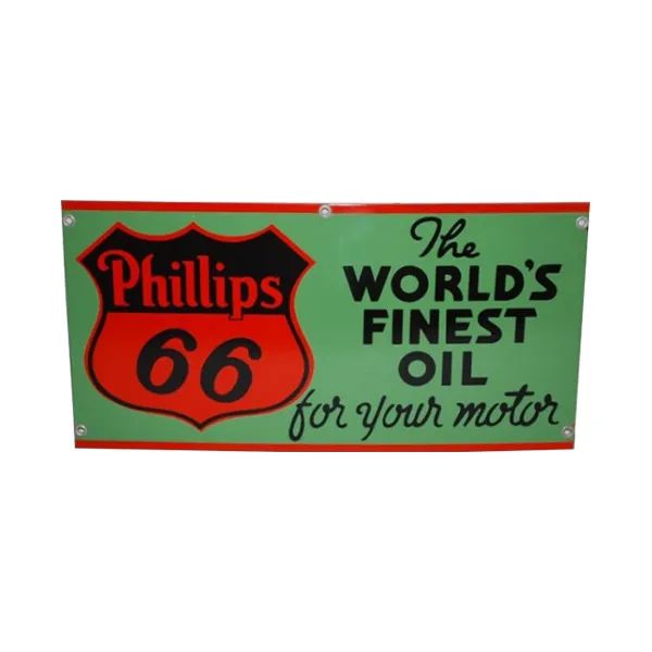 Vintage Phillips 66 oil sign in red, green, and black with slogan “The world’s finest oil for your motor”