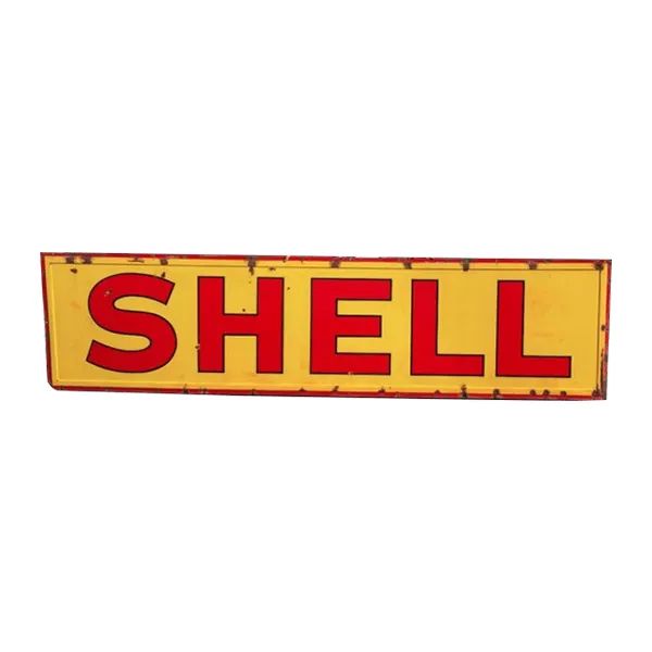 Yellow Shell sign with large red letters on a white background