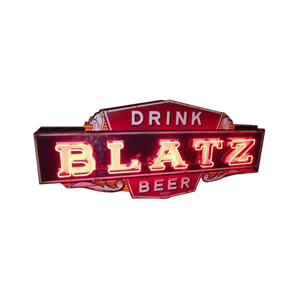 Neon-style red and gold BLATZ BEER sign with DRINK above it on a white background