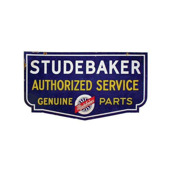 Blue Studebaker authorized service sign with yellow “Genuine Parts” text and logo