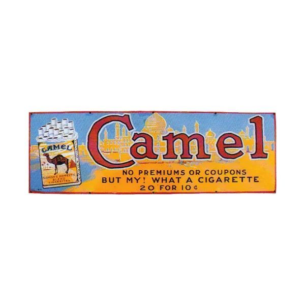 Vintage Camel cigarette pack with orange and blue design, camel illustration, and promotional text.