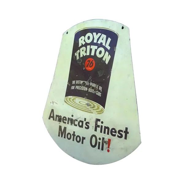 Vintage Royal Triton motor oil sign in pale green and black, reading “America’s Finest Motor Oil!”