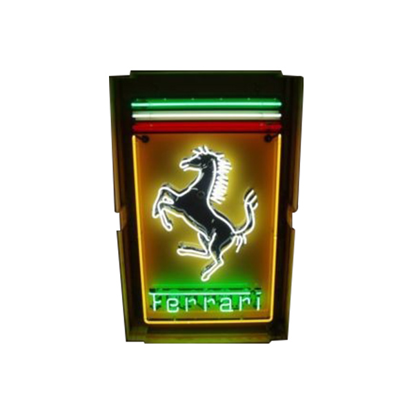 Illuminated Ferrari logo sign with a rearing black horse on a red, white, and green background