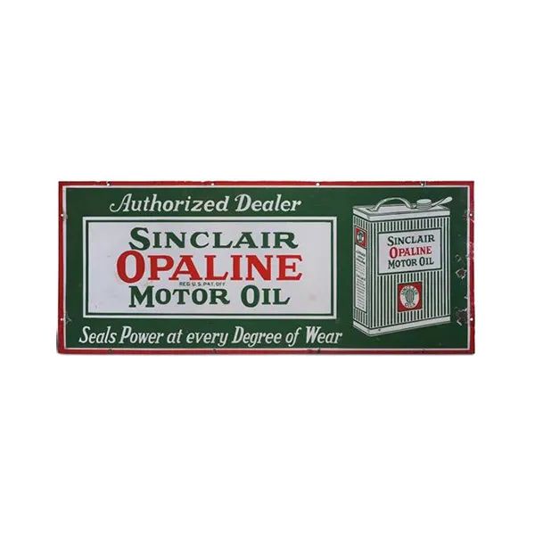 Vintage Sinclair Opaline Motor Oil sign in green, red, and white with oil can graphic