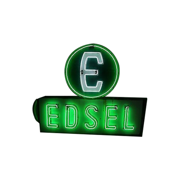 Neon green Edsel sign with circular E logo on a white background